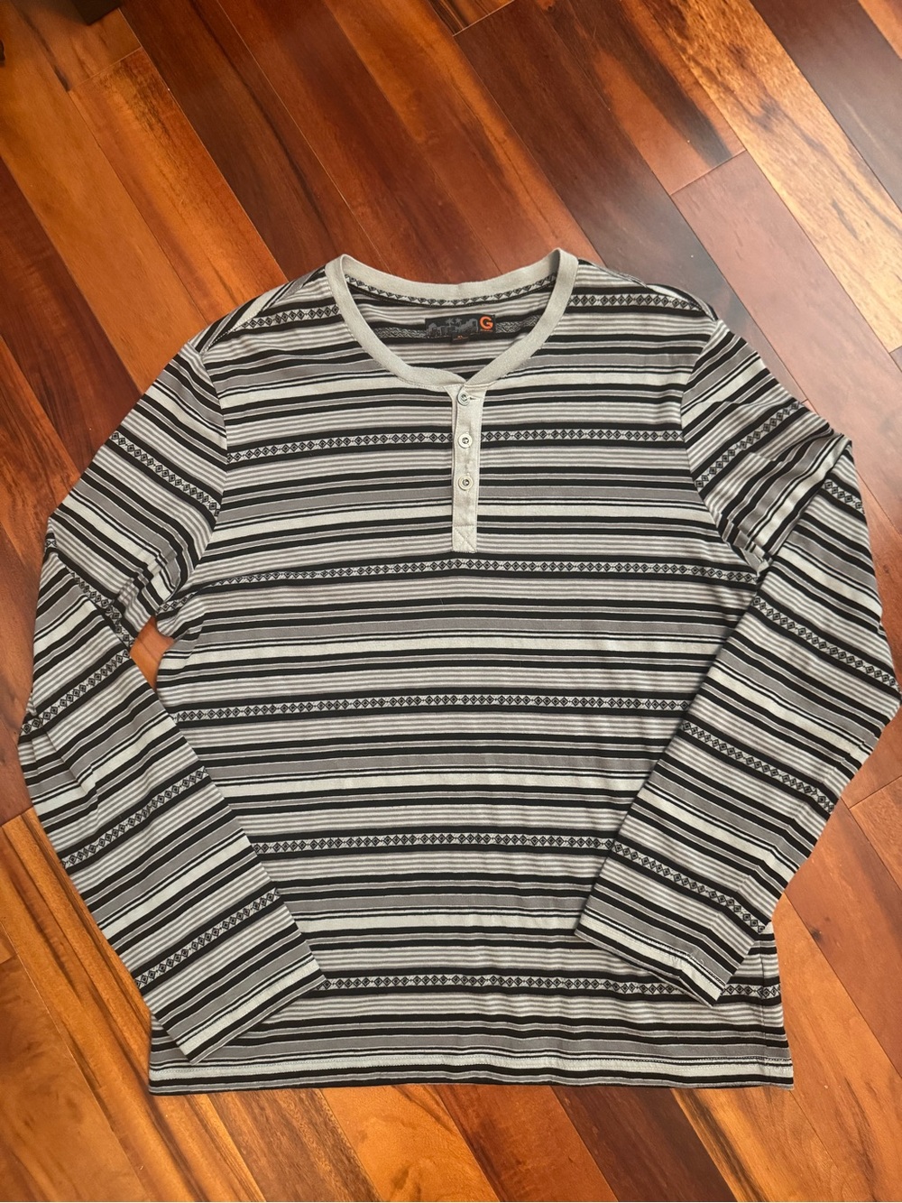 G by Guess Men's Gray & Black Striped Henley Long Sleeve
